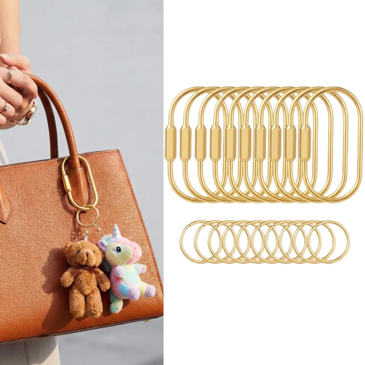 10 Packs Keychain with 10 Flat Rings Carabiner Clip, Gold Brass Key Rings, Screw Lock Keys Organizer, Purse Bag Accessories Charms Holder for Handbags, Doll, Car Keys