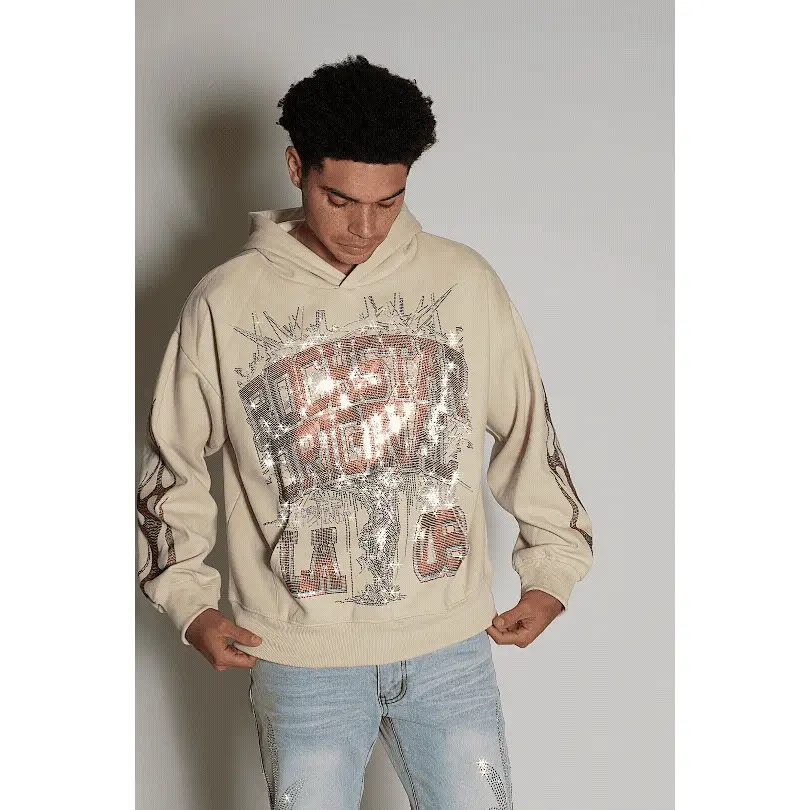 Oryn Beige Rhinestone Oversized Hoodie
