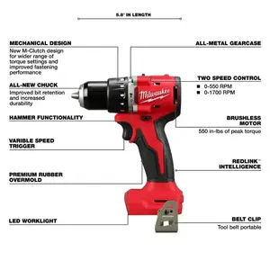 Milwaukee M18 BLPDRC/3602 Compact Drill M18 Brushless 62NM Hammer Drill Electric Drill MILWAUKEE 18V Power Tools M18 BLPDRC-0