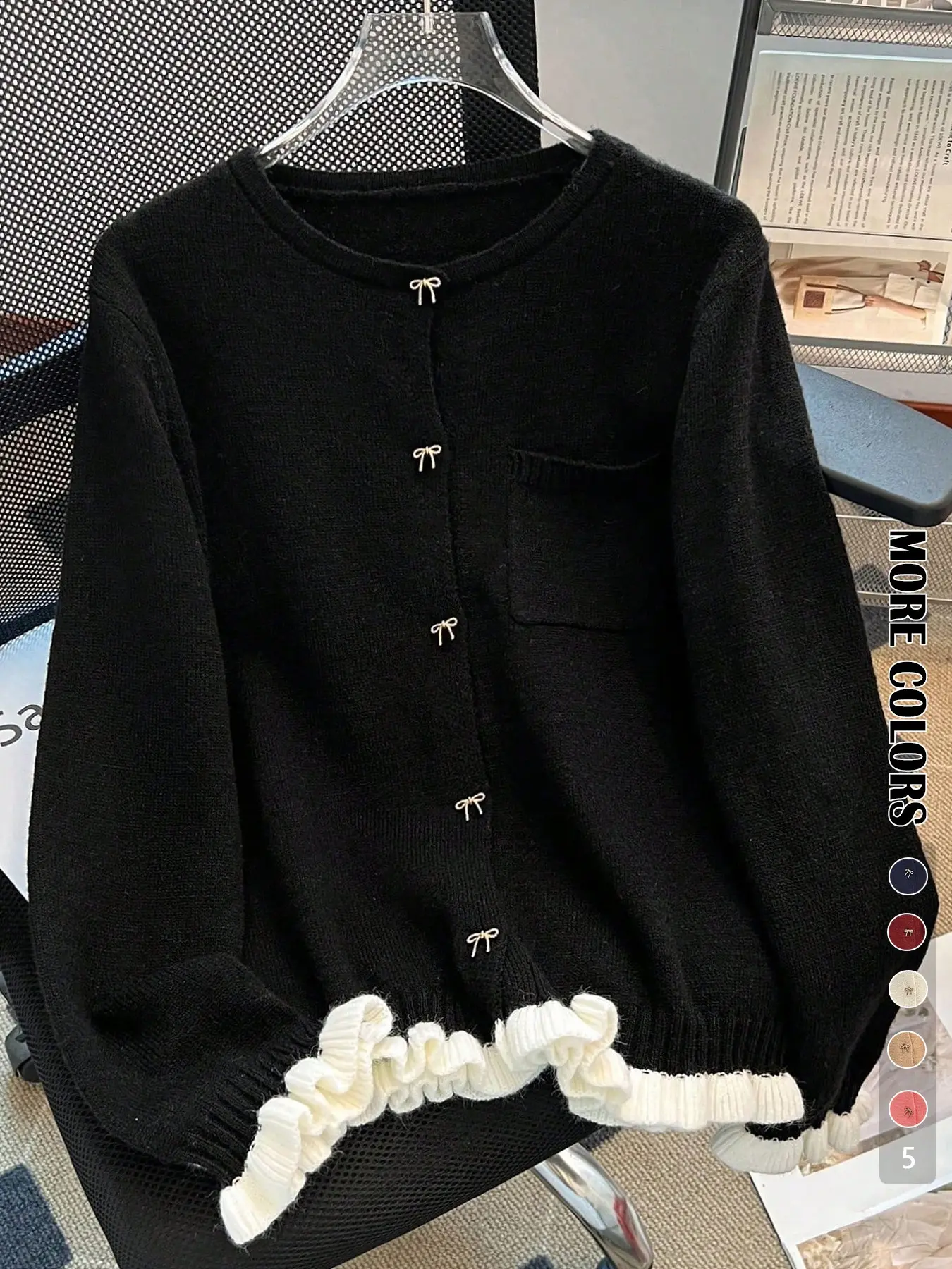Elegant Feminine Bow Button Cardigan Sweater Coat, Long Sleeve Colorblock Patchwork Design, Casual Pocket Knitwear Fitted for Fall & Winter Lady Women Tops Womenswear Knitting