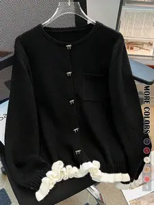 Elegant Feminine Bow Button Cardigan Sweater Coat, Long Sleeve Colorblock Patchwork Design, Casual Pocket Knitwear Fitted for Fall & Winter Women