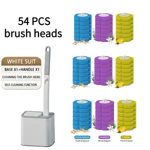 Disposable Toilet Brush Set (toilet Brush + Base + 54 Replacement Heads), Toilet Wand, Automatic Flip Cover, Contactless Replacement, Home Use, Toilet Brush Refills