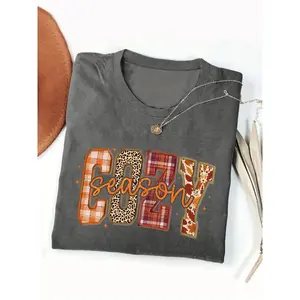 Women's Vintage Plaid & Leopard Print T-Shirt - Deep Burgundy Fall Colors with Cursive "Season" & "Cozy" Lettering, Brown/Orange/Beige Plaid & Leaf Patterns - Casual Short Sleeve Round Neck Top for Autumn, Halloween, Thanksgiving, Christmas
