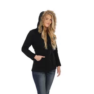 unik Women Fleece Coat with Fur Hood and Detachable Belt