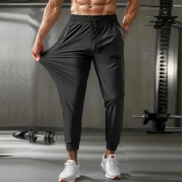 Men's Fitness Quick-Dry Exercise Sports Trousers Elastic Ankle-Length Casual Pants With Zipper Pockets Training Running Nine-Point Pants Tropical Stylish, Menswear, Plain