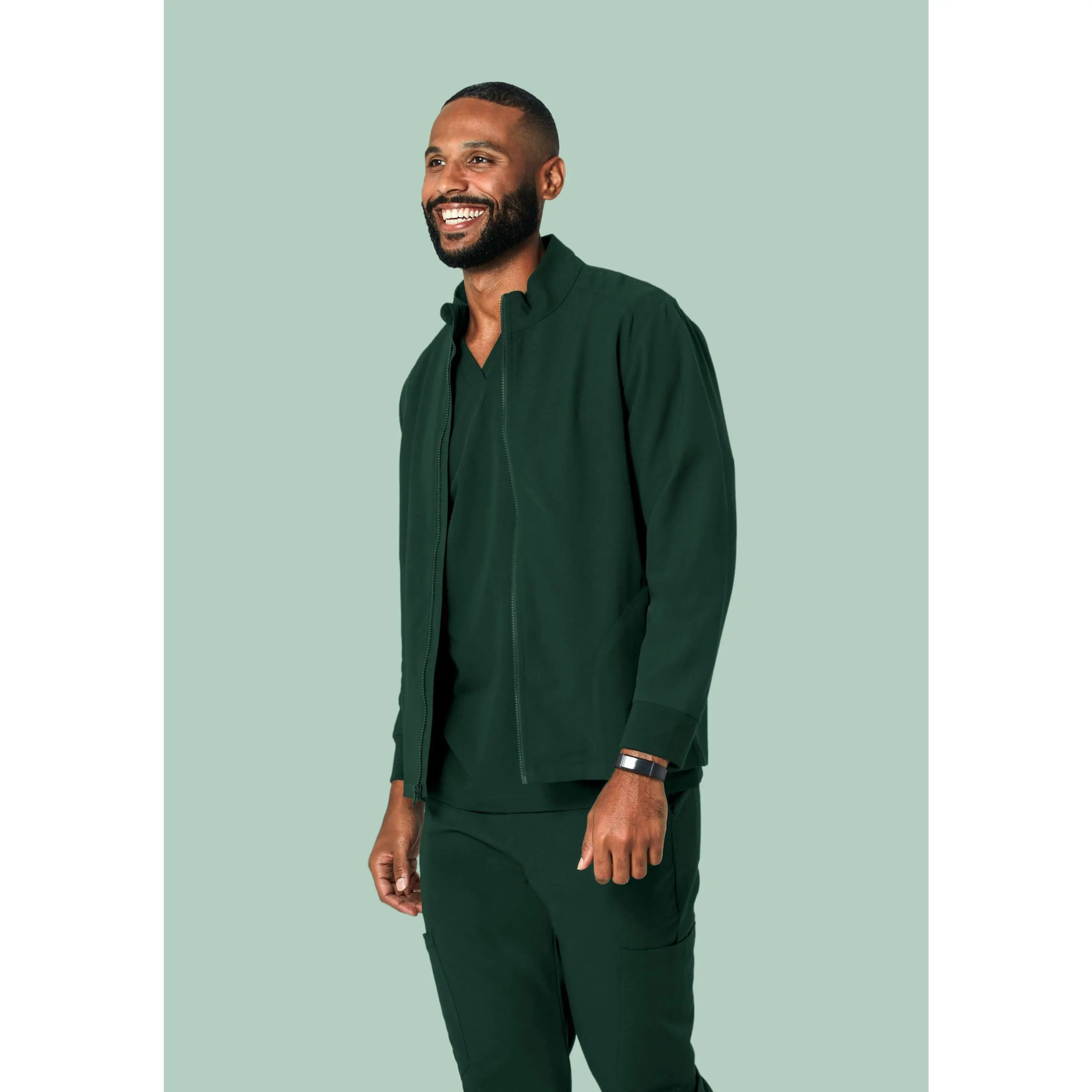 Men's Lightweight Modern Breathable Scrub Jacket Top - Midnight Green, Comfortable Fabric with Pocket