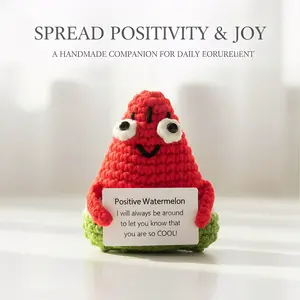 Handmade Knitted Positive Watermelon Doll with Funny Messages Emotional Support Toy for Birthday Gift Festival Decor Cute Room Office Desk Ornament