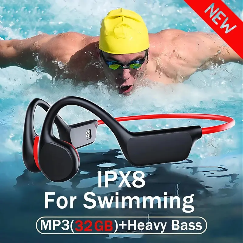 True Bone Conduction Headset with Adapter, 32GB Bluetooth 5.3 Wireless Headphone with Microphone, Chargeable Waterproof MP3 Player (30g, 418mm) for Swimming, Fitness, 1-2H Magnetic Charging, Compatible with PC, Laptop, Audio, Cable, 2 Modes Enjoy Music