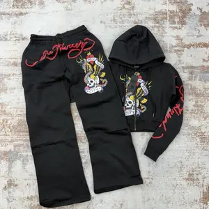 Women's Slim Y2k Fashion Style Sports Clothing Set - Size S Black Skull Design Hoodie with Red Lettering, Comfortable for Fitness Workouts