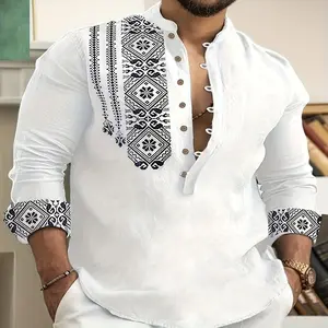 Men'S Casual Long Sleeve Henley Shirt, Geometric Pattern, Stand Collar, Regular Fit, Single Breasted, Woven Polyester 100%, Spring/Fall Top, 120gsm Fabric Weight, Hem, No Belt - H