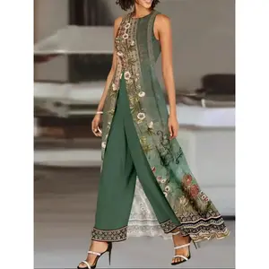 Women’s Two-Piece Ethnic Floral Chiffon Clothing Set, Boho Longline Tank Top with Slit Hem & Elastic-Waist Pants, Perfect for Beach Vacations and Holidays, Ladies’ Summer Outfit