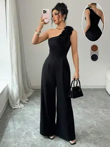 Women's 3D Floral Decorated Casual Tight Fitted Jumpsuit, French Vintage Romantic Asymmetric Shoulder Strap, Sleeveless Long Regular Fit, Minimalist Womenswear