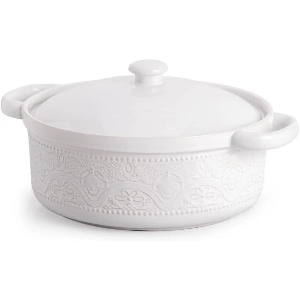 Bright White 2-Quart Lace Embossed Ceramic Baking Pan with Lid - Bakeware, Oven-to-Table Round Serving Pan with Handle for Dinners, Parties, Thanksgiving Christmas Gifts