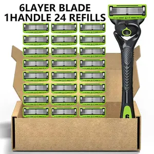 2026【Upgraded Version】1 Handle+24pcs/12pcs, 6-layer Manual Shaver, Men's Safety Shaver, Dry and Wet Dual-use, Easy to Clean, Reusable, Classic Facial Care Set