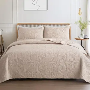 Soft  Quilt Bedding Set for All Seasons,  Damask  Full Size Quilts Set, Lightweight Reversible Bedspread, Coverlet, Bed Cover with 2 Pillow Shams, Brich Beige