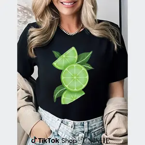 Cool and Casual Lime Graphic Tee – Women's Black Crew Neck, Short Sleeve with Green Design