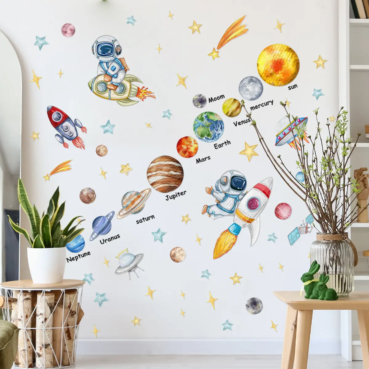 A set (30*90cm*2pcs) of new Space Theme Design rocket, planet and astronaut wall stickers with gold stamping and frosted craftsmanship for home decoration and background beautification, Interior Stickers, MG7521