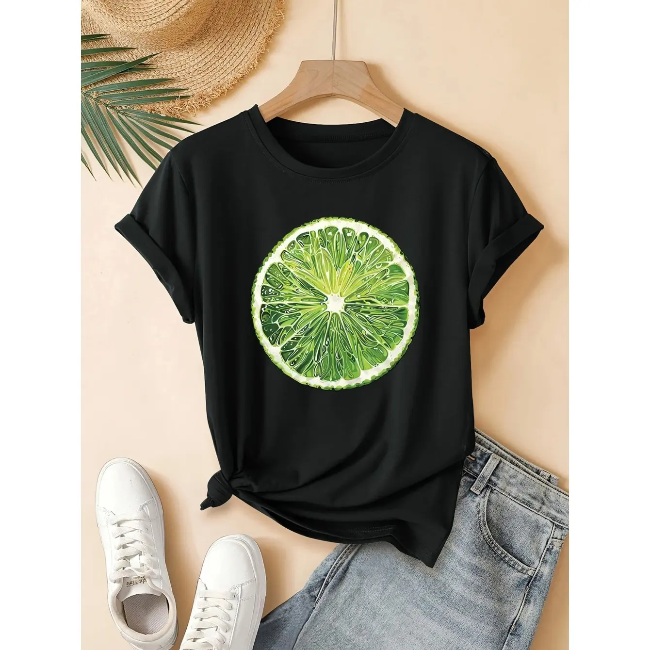 Men's Graphic T-Shirt with Lemon Slice Print, a Customized Classic Round Neck Short Sleeve Top for Casual Summer Comfort, Tshirt, Shortsleeve, Menswear, Garment, Graphic Print, Fitted Cut, All Seasons, Crew Neck