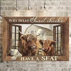 1 piece of woodblock canvas painting, bathroom wall art, cute highland cow canvas poster, farmhouse wall art, interesting animal picture wall art, office bathroom living room decoration, inspiring wall art decoration with a frame, ready to hang a gift for