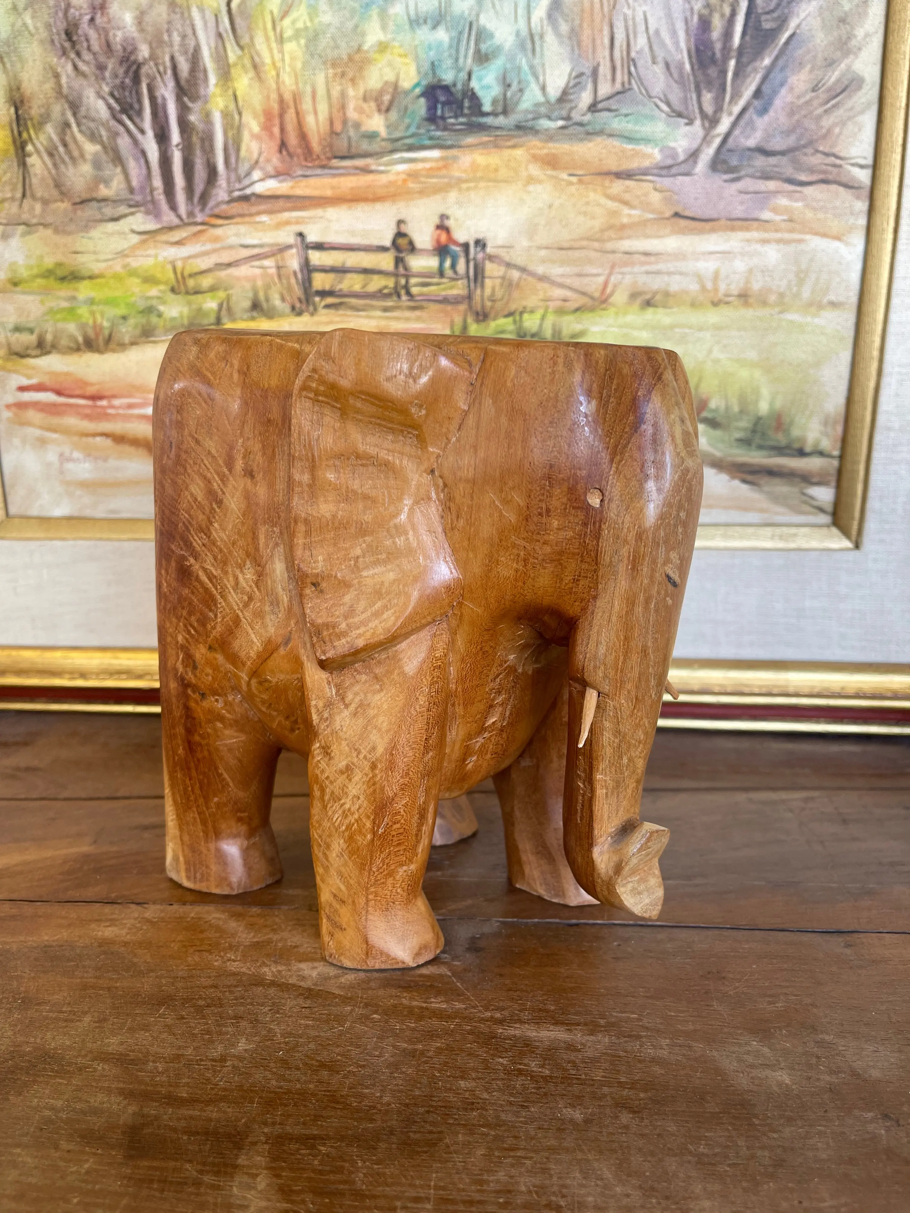 Vintage Hand-Carved Wooden Elephant Sculpture Figurine, Wood Decorative Animal Figure