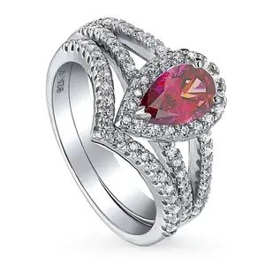 BERRICLE Sterling Silver Halo Wishbone Engagement Promise Rings Statement Stackable Band Split Shank Ring Set for Her, Red Pear Cut Cubic Zirconia CZ