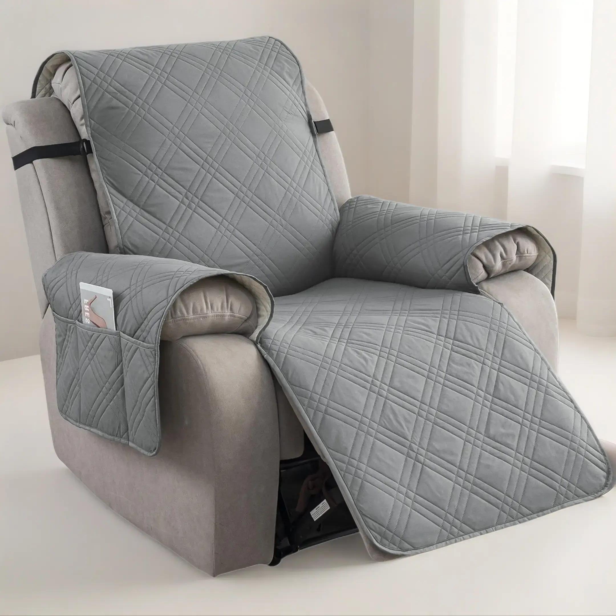 Quilted Recliner Chair Cover - Waterproof, Non-Slip, Breathable, Fitted Protective Furniture Cover with Disinfecting, Odor Preventing Features, Decor Accessories for Room Decorations, Pet Use, Glam Look