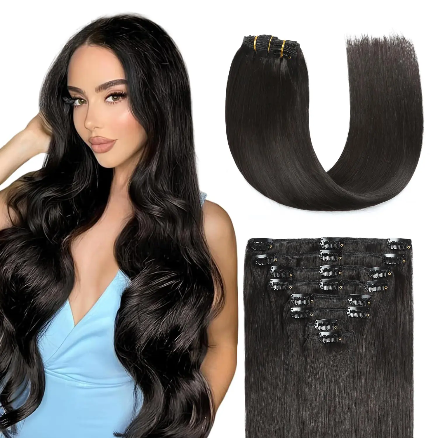 Jessie's Wig #1B 8 Pcs 120g 16-26 Inch Seamless Hair Extensions Clip in Hair Extensions Human Hair Invisible Clip Ins PU Weft Remy Hair Add Volume