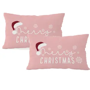 2pcs, Christmas Pillow Covers, Pink Merry Christmas Design with Santa Hat & Snowflakes, Home Décor Products, Bedroom Decorative Accessories, Living Room, Bedroom, Holiday Couch Accessory, Room Decoration, Contemporary Holiday Style, Single Sided Printing