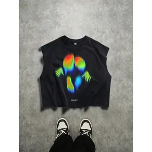 ( Five-star review)Manfinity ZONE917 Street Style Colorful Surreal Sexy Figure Print Black Oversized Sleeveless Crop Top