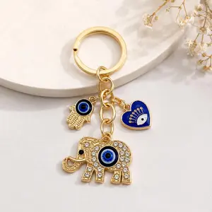 Elephant & Hamsa Hand Evil Eye Metal Keychain
