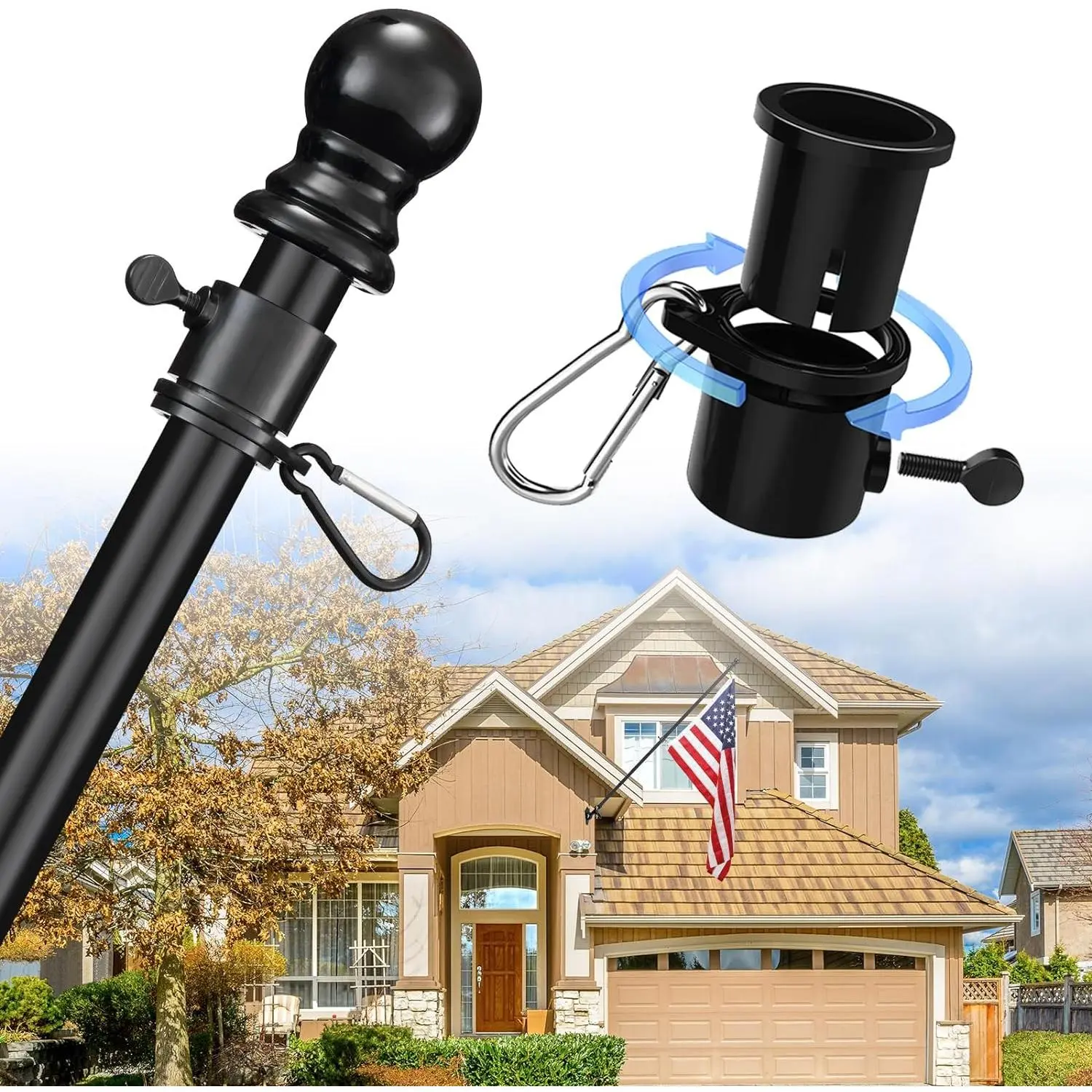 House Flag Pole Kit - 5ft Tangle Free Heavy Duty Flag Pole for Outside House,Decorative Metal Flag Poles for Outdoor Front Porch Boat , Wall Mount & Portable 3x5 Hand Held Flagpole - Black