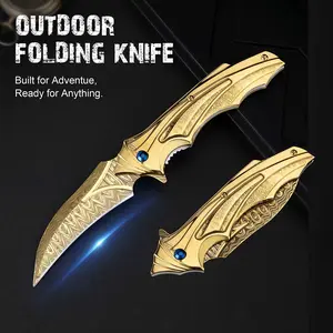 Golden Damascus Pattern Folding Karambit Pocket Knife, Blue Gem Decor Tactical EDC Knife, Portable Outdoor Survival Camping Hunting Foldable Blade, Cool Collectible Gift For Knife Enthusiasts