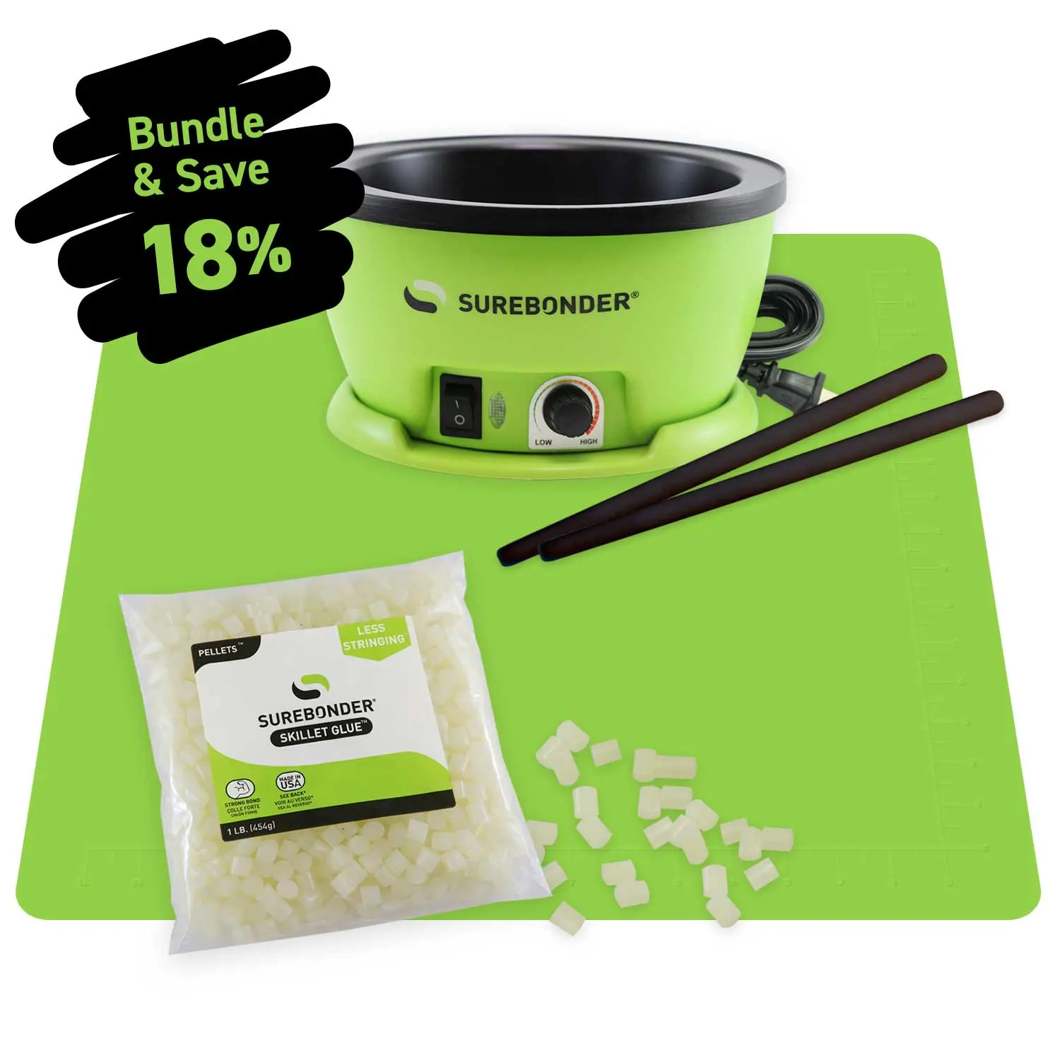 Surebonder Hot Glue Pot Skillet Craft Bundle with a Green Glue Pot Skillet, 1 lb of Hot Glue Pellets, 2 Non-Stick Stir Sticks, and a 19"x19" Non-Stick Silicone Protective Mat