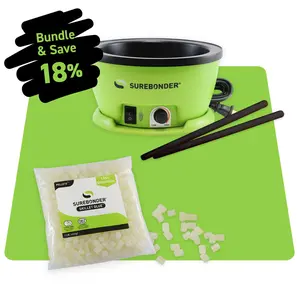 Surebonder Hot Glue Pot Skillet Craft Bundle with a Green Glue Pot Skillet, 1 lb of Hot Glue Pellets, 2 Non-Stick Stir Sticks, and a 19"x19" Non-Stick Silicone Protective Mat
