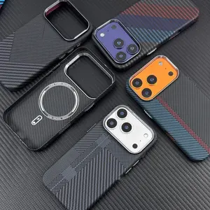 Classic Carbon Fiber Texture Magsafe Armor Magnetic Phone Case For iPhone 17 16 15 14 13 Pro Max Ultrathin Alloy Lens Wireless Charge Smartphone Hard Cover