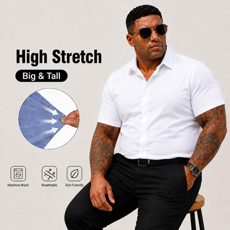 2-Pack Alimens&Gentle Men's Big & Tall Stretch Dress Shirts Short Sleeve Business Casual Button Down Shirts Up to 5XL Men's Dress Shirts Muscle Fit Menswear gifts for dad Top Plain