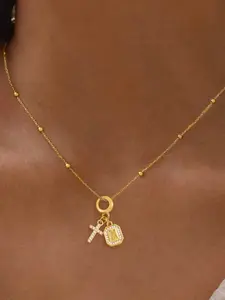 Women's Stainless Steel Zirconia Cross Block Letter Pendant Necklace, Chain Design, Casual Style Jewelry for All Occasions