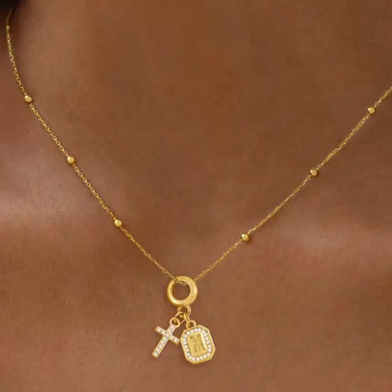 Women's Stainless Steel Zirconia Cross Block Letter Pendant Necklace, Chain Design, Casual Style Jewelry for All Occasions, Dainty Necklaces, Fashion Jewelry, Durable Fashion Accessory