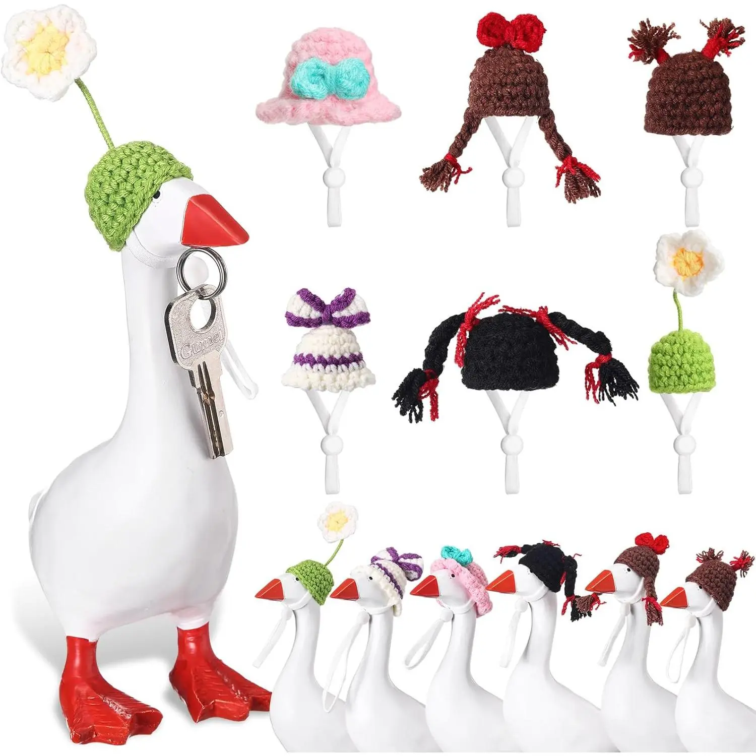 6 Pcs 7-Inch Mini Knitted Hats with Adjustable Straps - Knitted Accessories for Figurine & Key Holders, Porch Decoration (Excludes Figurine Outfits)