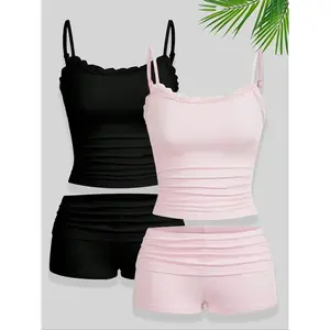 Women’s Cami Top & Shorts Set, Casual Comfortable Lace Trim Sleeveless Top & Shorts, Women’s Everyday Wear, Clothing Set