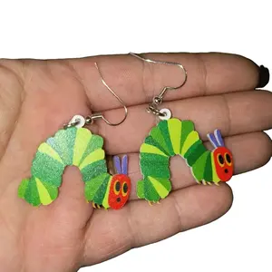 Very Hungry Caterpillar Earrings - Green & Yellow Design with Character Features,, Fun and Colorful