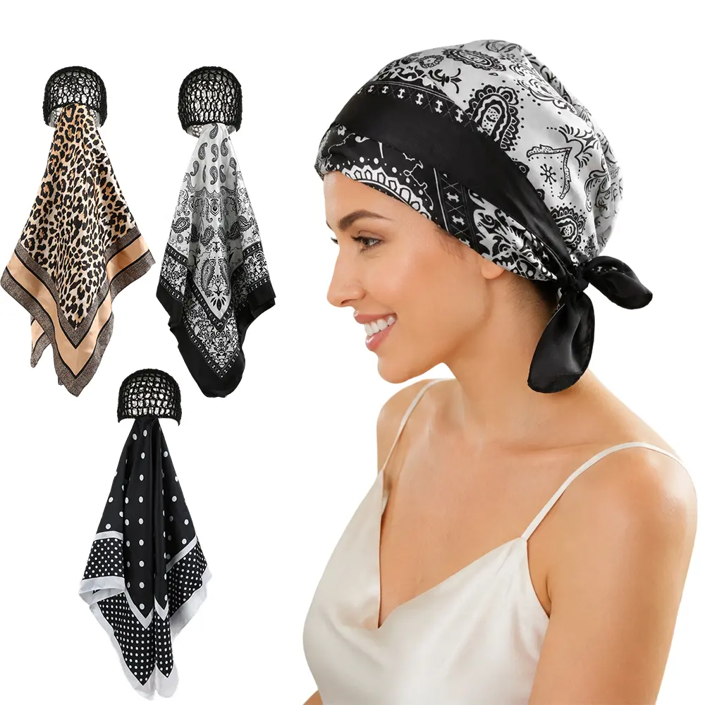 Women's 3-Pack 2-in-1 Wrap Cap with Scarf & Netted Edge Control, Breathable Anti-Frizz Hair Styling Fabric Sleep/Shower Nighttime Care Cap