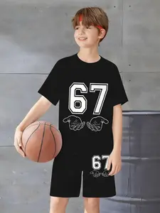 Boys' Trendy Casual Basketball Set, Soft & Durable, Slim Fit Two-Piece Sports Wear, Random Print Design, Size 67