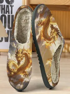 Luxurious Dragon Cotton Slippers, Flame Cloud Design, Gold Scale Pattern, Soft Plush Lining, Casual Home Wear, Fall & Winter