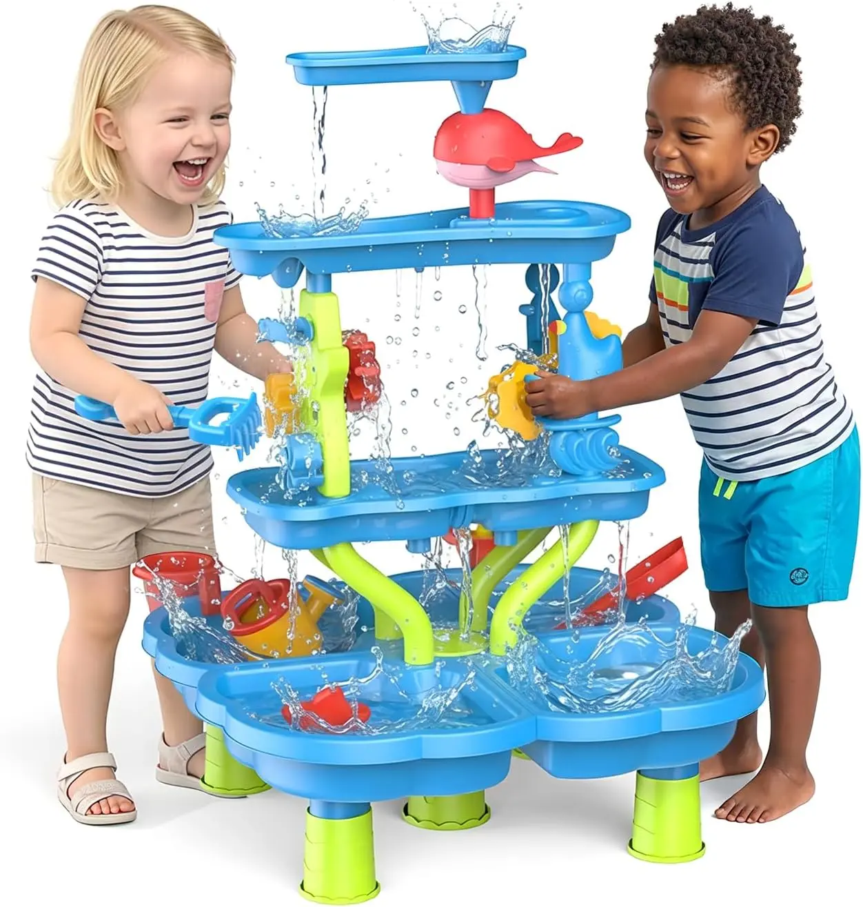 MoKo 4-Tier Plastic Water Table (Whale Dolphin Designs: Blue, Pink) – Made by MoKo, 20 Toy Accessories, Bright Colors Sports Sensory Playset for 12+ Years, Easy Assemble & Clean, Outdoor Beach Backyard Birthday Gift