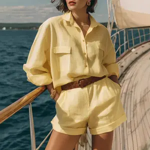 2026 spring and summer solid color cotton and linen loose-breasted shirt shorts fashion casual suit