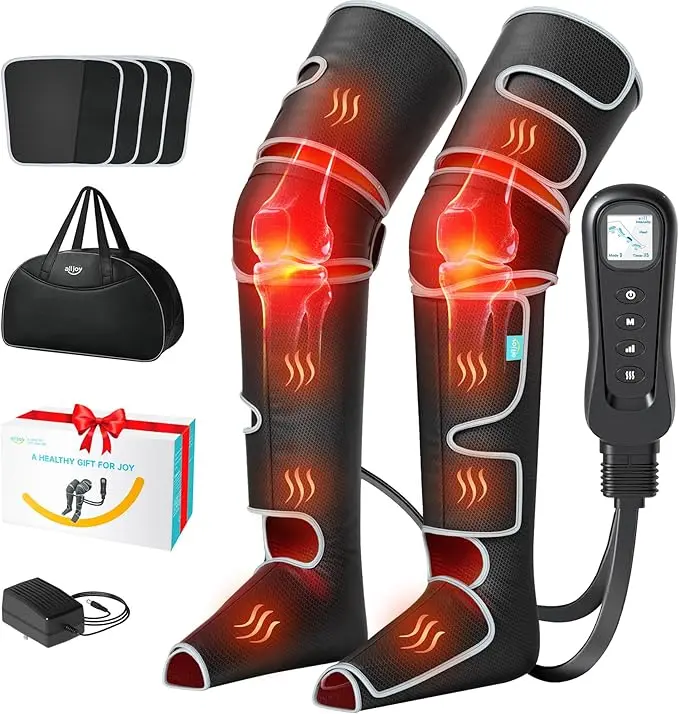 Alljoy Adjustable Black Nylon Leg Massager - FSA Eligible, 2 Heat Levels, 5 Massage Modes, 4 Intensities, 4 Extenders, Circulation & Muscle Pain Relief Device, Ideal Adult Gift