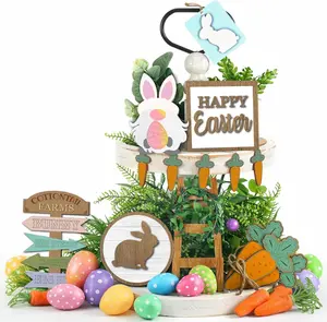 12 Pcs Easter Tiered Tray Decor Set Farmhouse Spring Table Decorations Rustic Bunny Rabbit Carrot Gnome Egg Wooden Signs for Kitchen Dining Table Home Centerpiece