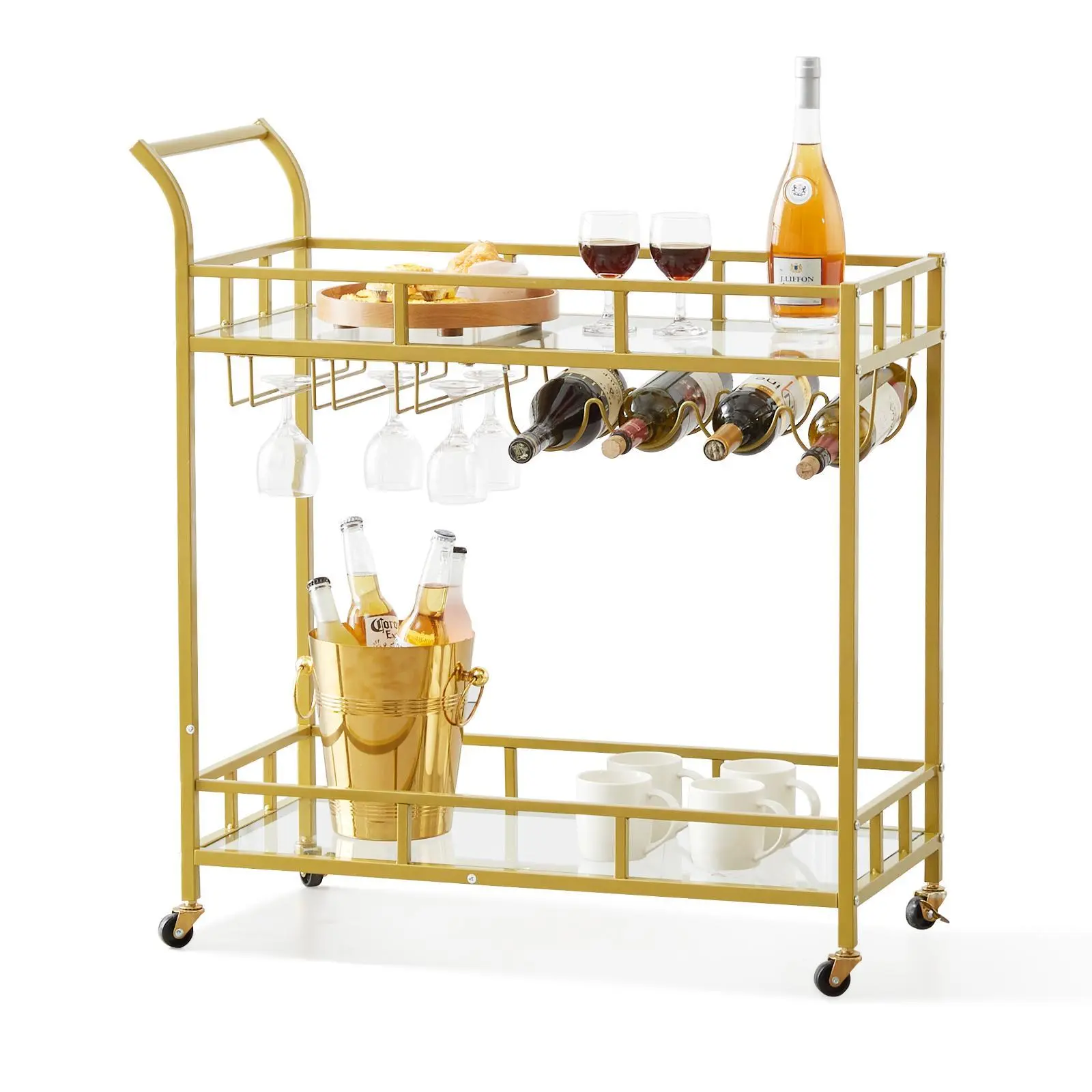 【SummerFinds】VEVOR Bar Cart Gold,  2 Tiers Home Bar Serving Cart on Lockable Wheels, Rolling Alcohol Cart with Tempered Glass Shelves Guardrail Wine Rack, Modern Wine Cart for Home Kitchen Dining and Living Room Utensils Bottles