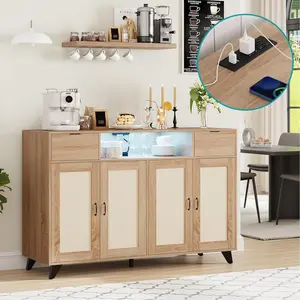 Beige/Khaki Sideboard Buffet Cabinet, 47" Accent Storage Cabinet with 4 Rattan Doors & 2 Drawers Console Table Coffee Bar w/Power Outlet & LED Light Adjustable Shelves for Dining Living Room, Hallway